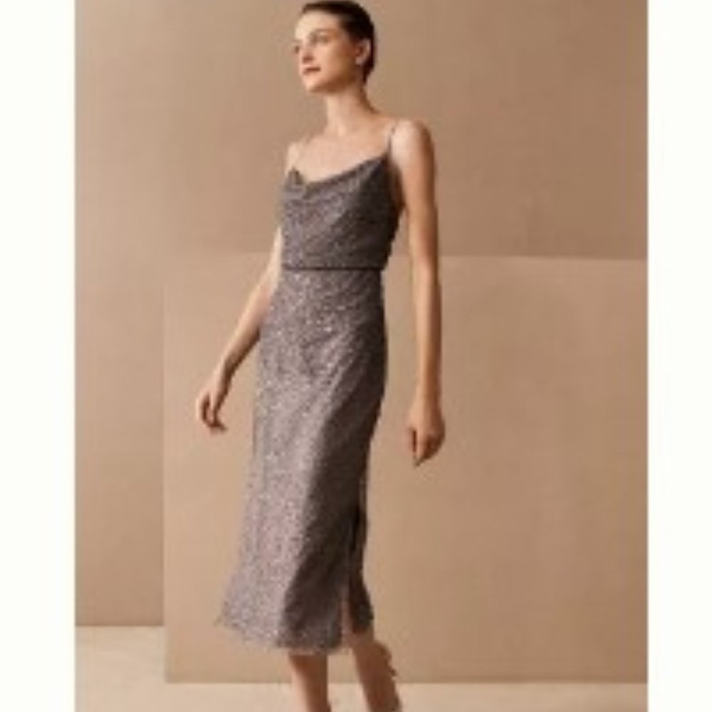 👗Anthropologie Grey Sequin Midi Dress, 12